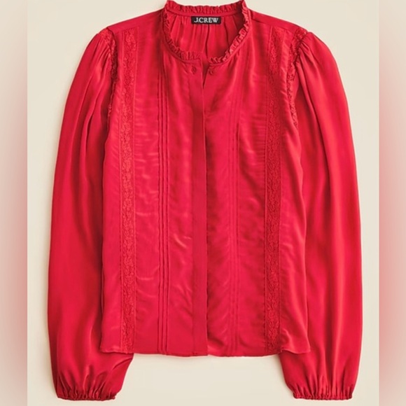 J. Crew Lace-trim pintuck top in crepe de chine in vintage ruby